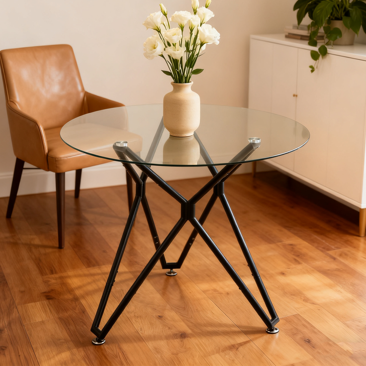 Runder Esstisch 90 x 90 x H 78 cm, gehärtetes Glas, Metallgestell, modern und platzsparend in Schwarz