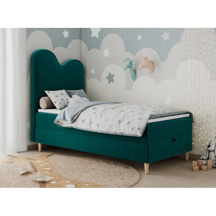 Kinderbett FLOW, Boxspringbett für Kinder, mit hohem Kopfteil, Einzelbett mit Matratze - 90x180 - Dunkelgrün Velours - Topper T25