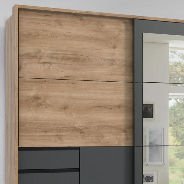 Schwebetürenschrank Kleiderschrank 273 Passep. Spiegel Schubl. Grafit Eiche Dekor – Bild 5