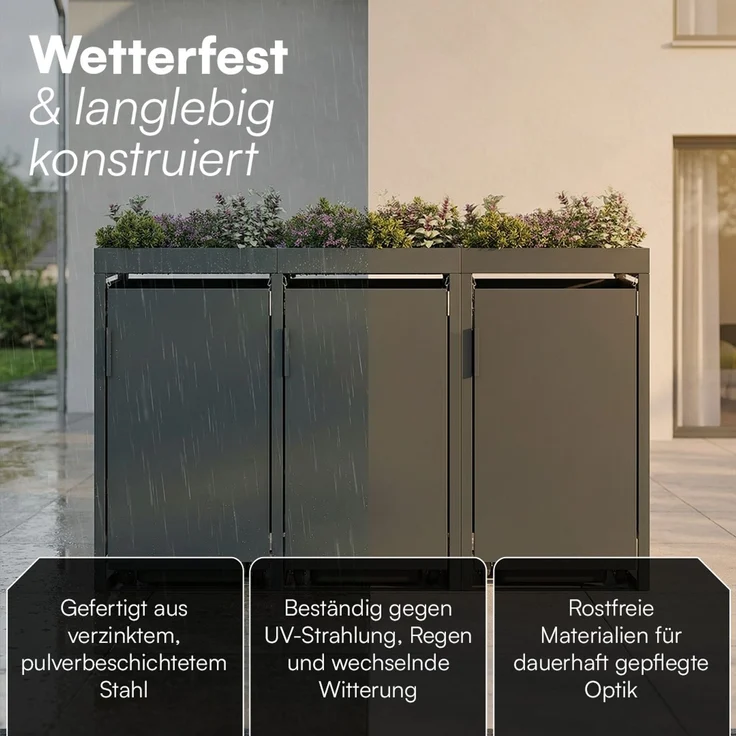 STEELSØN 'Thoria' Mülltonnenbox 3er je 240 Liter, anthrazit, Mülltonnenverkleidung aus Stahl, wetterfest, 125x80x203 cm, Müllbox mit Pflanzendach für 3 Tonnen – Bild 4
