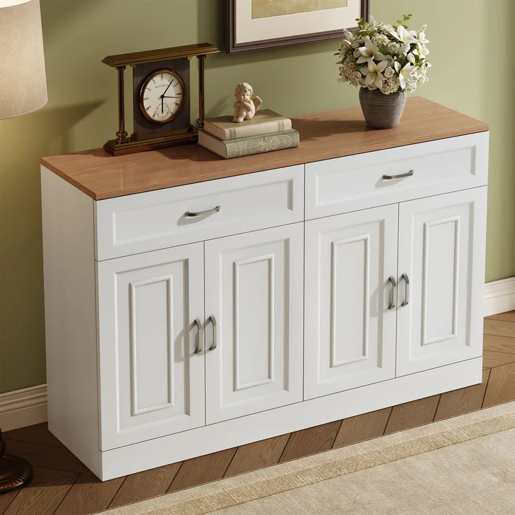 Merax Sideboard mit Regalen, Sideboard mit Rebounder, natürliche Holzmaserung, Holz und Weiß – Bild 3