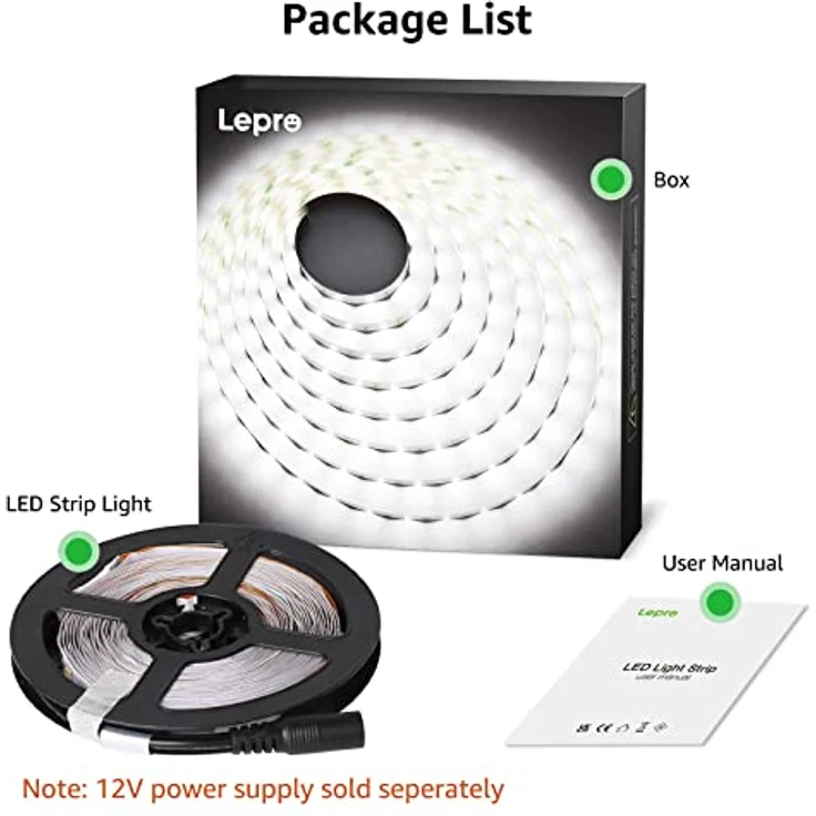 Lepro LED Strip Kaltweiß 5M, 12V Selbstklebend mit 300 x 2835 LEDs, 6000K 2300 Lumen Dimmbar, DIY Lichtband für Innen Heimküche Deko, ohne Netzteil – Bild 5