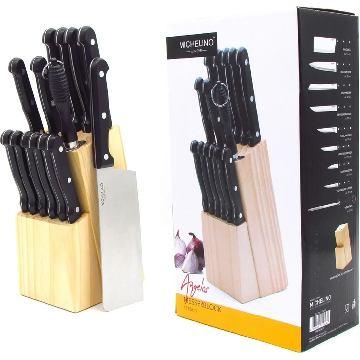Michelino Messer-Set 15-teiliger Messerblock, 7x Küchen- 6x Steakmesser 1 Wetzstahl 1 Messerblock – Bild 2