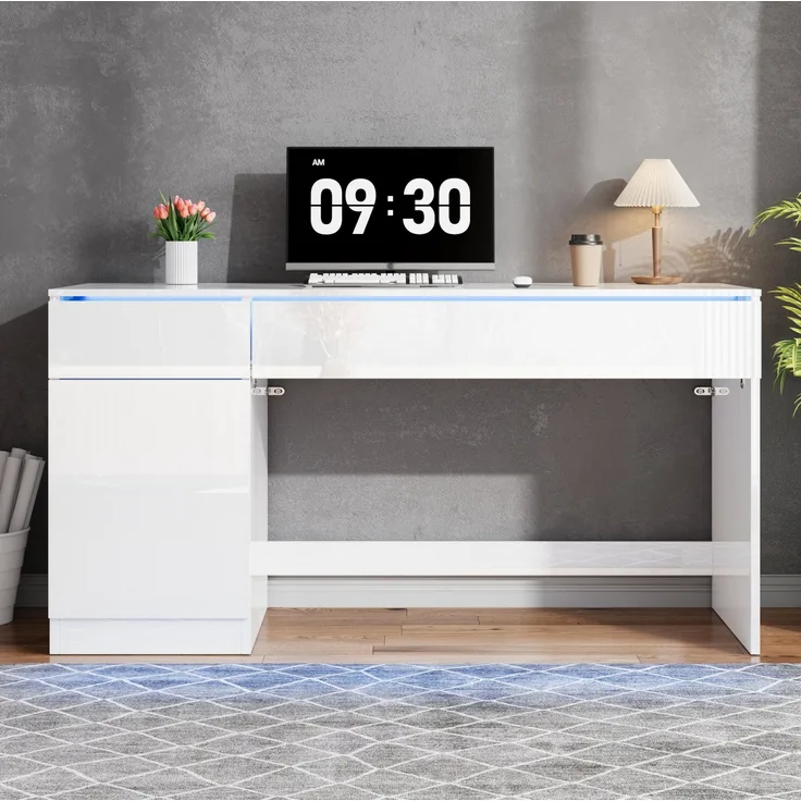 MODFU Schreibtisch, großer Arbeitstisch mit LED-Beleuchtung, Hochglanz Weiß, 2 Schubladen, 120x78x50 cm