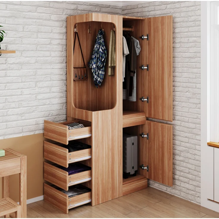 CHICFURN Kleiderschrank 70x170x40 cm mit 4 Schubladen und offenem Hängefach – Weiß/Naturholz – Bild 1
