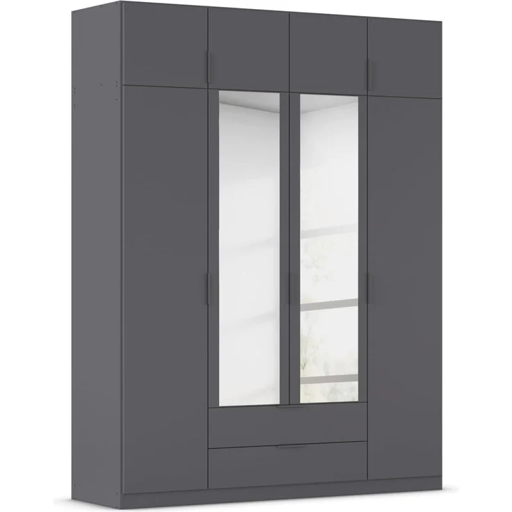 Rauch Möbel Lagoa, Kleiderschrank, Garderobe für Schlafzimmer, Kinderzimmer, Jugendzimmer 8-türig, mit Spiegel, 2 Schubladen, mit Zubehör Classic, Farbe Grau metallic, Schwarz, Breite 181 cm