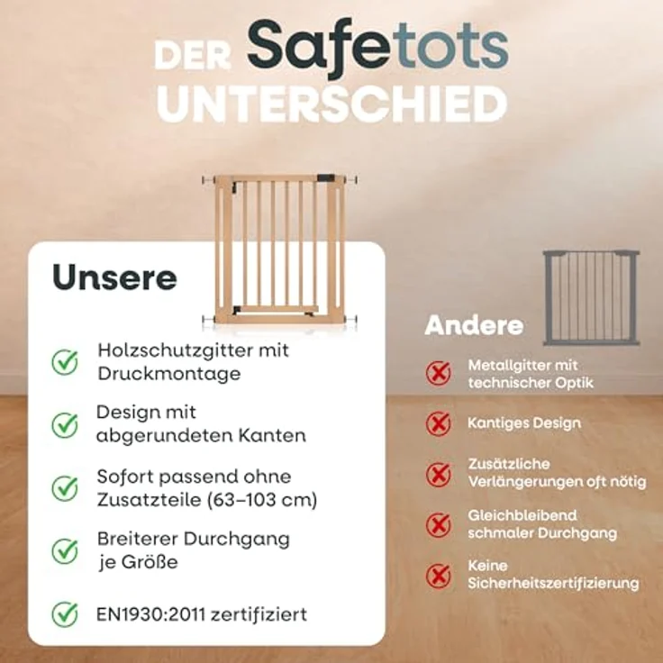 Safetots Naturholz Elegance Treppenschutzgitter, Natur, 87cm - 95cm, Druckmontage Sicherheitsgitter, 65cm Extra Breite Türöffnung, Einteiliges Extra Breites Gitter für Treppen, Flure und Türen – Bild 7