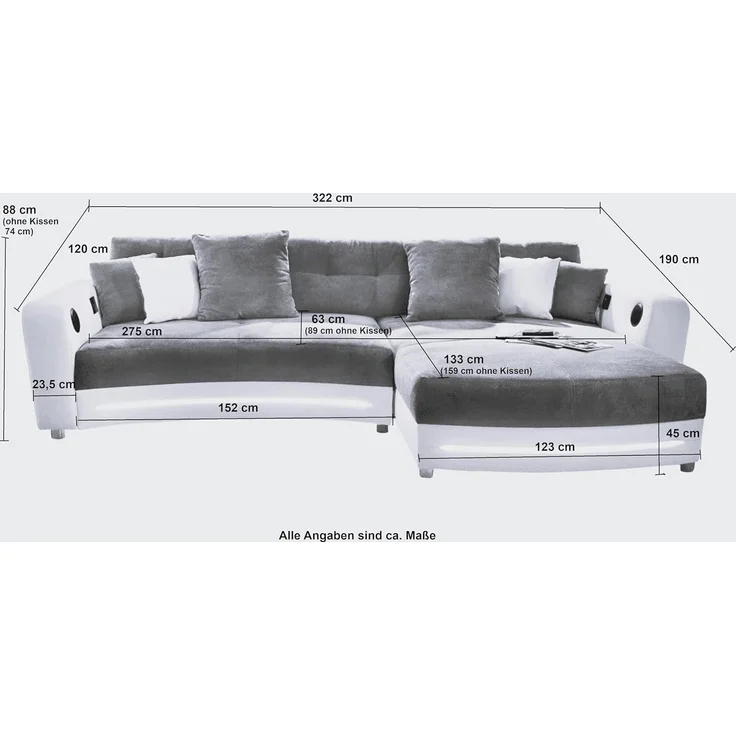 Multimedia-Ecksofa Couch mit RGB-LED Bluetooth Soundsystem USB in Grau / Weiß – Bild 3