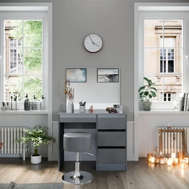 Vicco Schminktisch-Set Sherry, Grau, mit Spiegel und Hocker, 4 Fächer und 4 Schubladen, 90x75x40 cm, Holzwerkstoff – Bild 1
