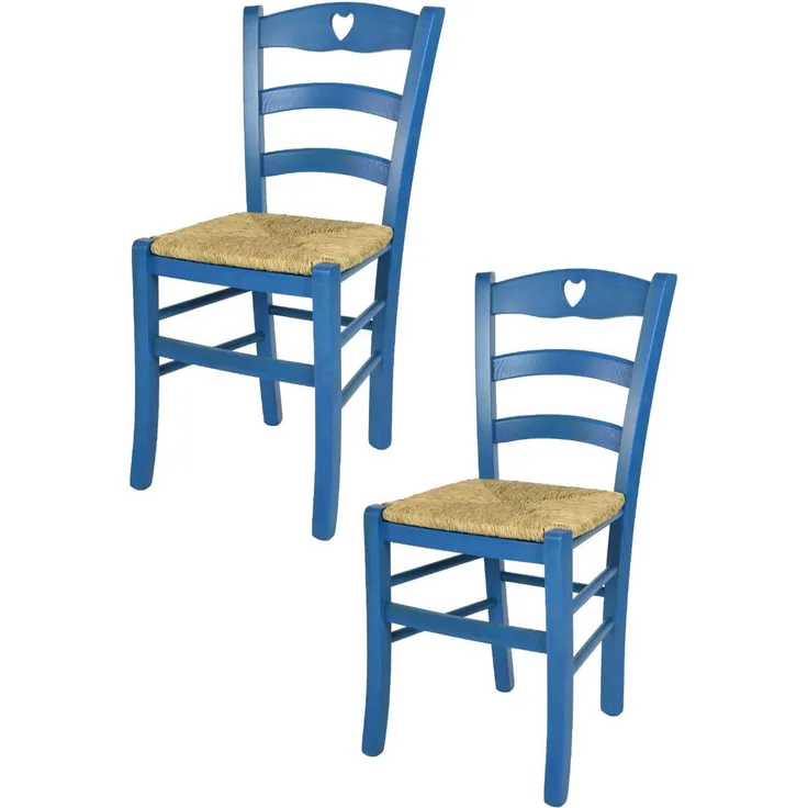 Tommychairs - 2er Set Stühle Cuore für Küche und Esszimmer, Robuste Struktur aus Buchenholz, in Anilinfarbe Blau lackiert und Sitzfläche aus Stroh