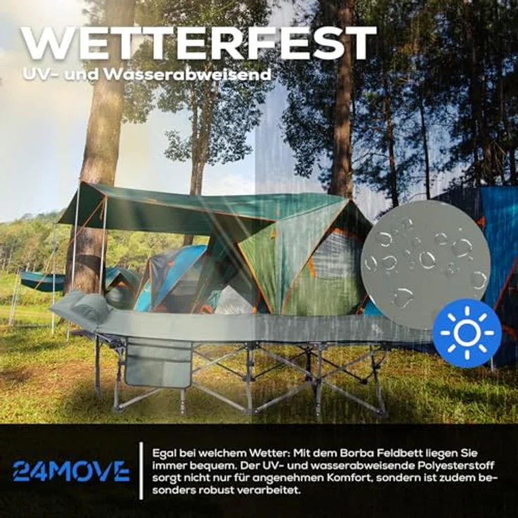 24Move Regal Feldbett, Gartenliege, Campingbett bis 150 kg, klappbar, zelten, grau, wasserabweisend, inkl. Seitentasche – Bild 5
