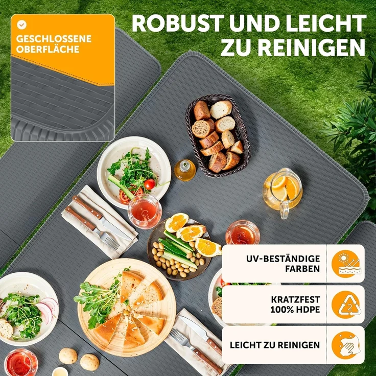 Blumtal Bierzeltgarnitur 3er Set - 2X Bierbank + 1x Biertisch - tragstarke Biertischgarnitur klappbar für 8 Personen - Bierbankgarnitur mit Tragegriff - Biergartengarnitur in Rattan-Optik Grau – Bild 5