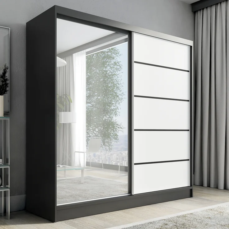 A&J MöbelLand Schwebetürenschrank NERO 2 200 cm mit Spiegel drei Schubladen – Bild 1
