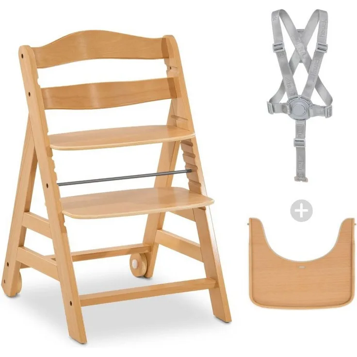 Hauck Hochstuhl Alpha Plus Move - Natur, Mitwachsender Holz Kinderhochstuhl mit Tisch, Rollen höhenverstellbar