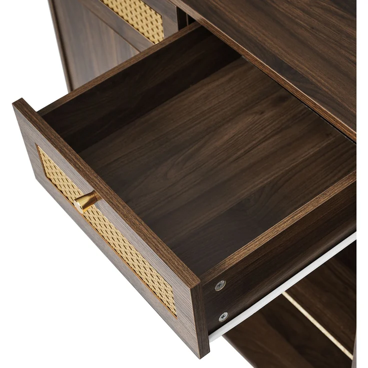 Abrihome Sideboard mit Rattan, Goldgriffen und offenem Regal, Braun, 85x40x120 cm – Bild 7
