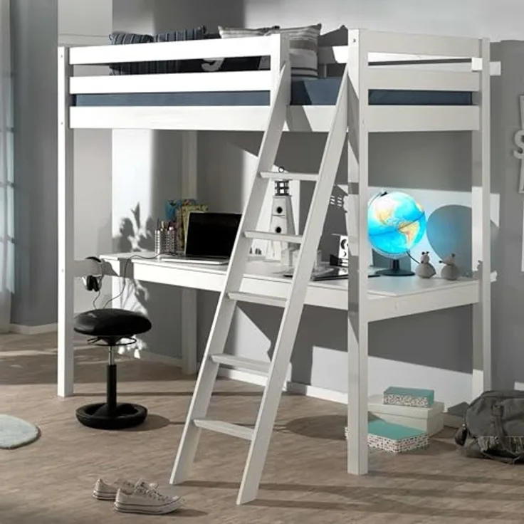 Vipack Hochbett 90x200 cm und großer Schreibtischplatte, Ausf. weiß lackiert