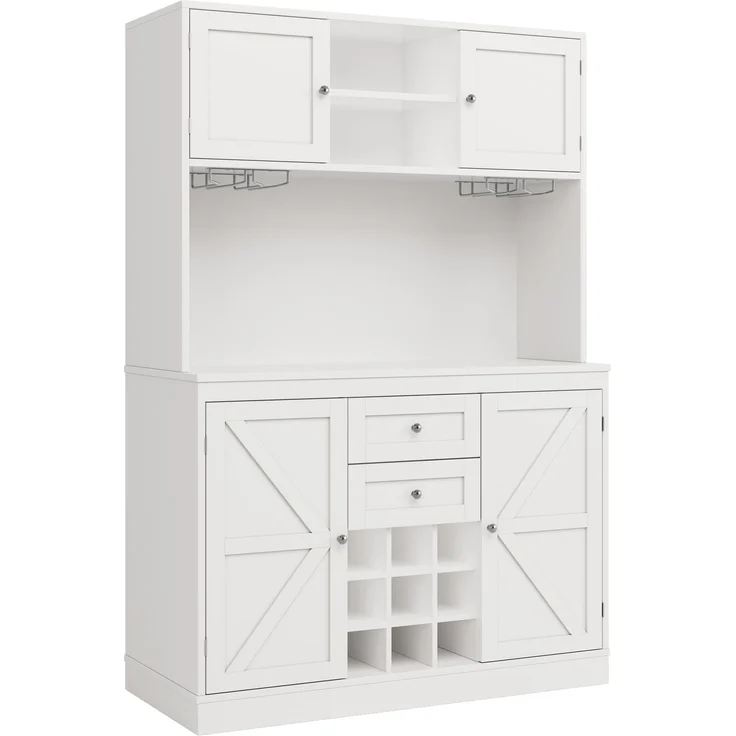 Küchenschrank mit verstellbaren Ablagen & Weinregal, Hochschrank Küchenbuffet mit 4 Türen & 2 Schubladen, Sideboard für Küche & Wohnzimmer, Buffetschrank, Weiß – Bild 9