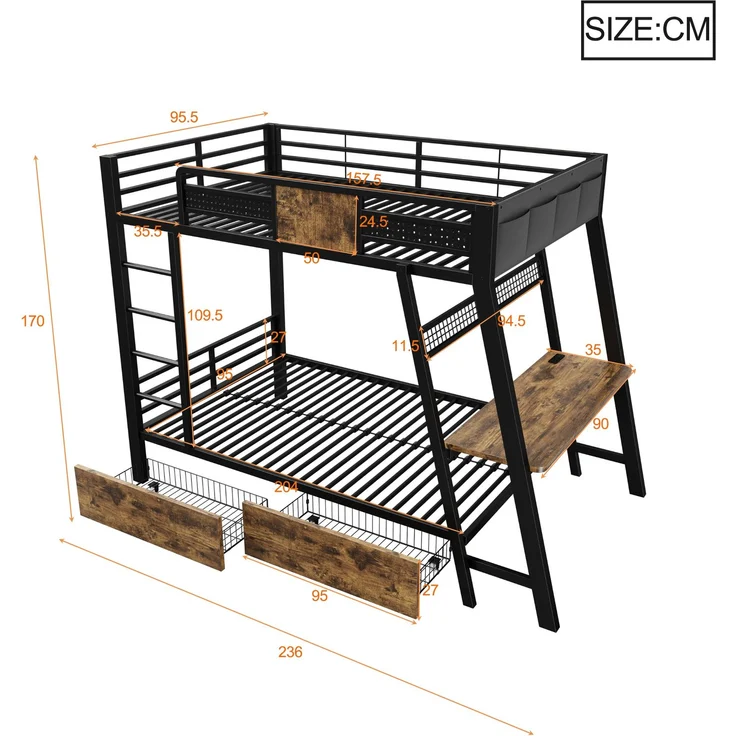 Metall-Etagenbett 90×200cm,integrierter Gaming-Schreibtisch mit Steckdosen, USB- und Type-C-Anschlüssen, mit LED-Lichtband, zwei Aufbewahrungskörben, Jugend-Spielbett, Doppel-Eisenbett, Schwarz – Bild 6