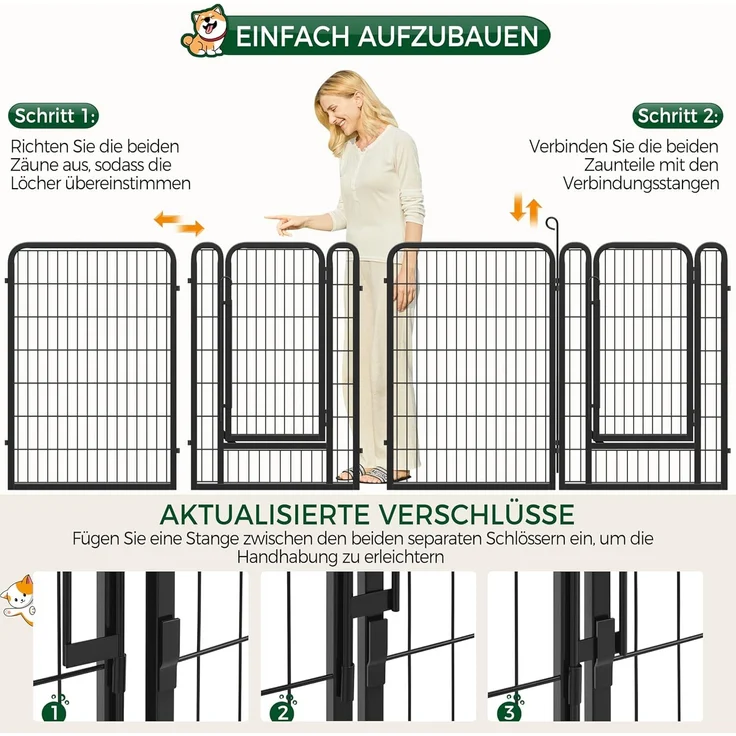 Yaheetech Hundezaun mit 2 Türen, Automatische Verriegelung, Faltbare Freigehege für Garten , 100 cm, 8 Teile – Bild 2