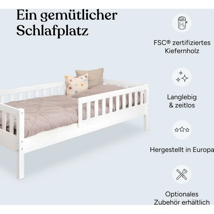Ehrenkind Kinderbett mit Rausfallschutz aus massivem Kieferholz, Kinderbett 90x200 cm (zeitlos, hochwertig und auch für ältere Kinder geeignet, aus FSC zertifiziertem Holz), Jugendbett, Kinderbett mit Rausfallschutz – Bild 2