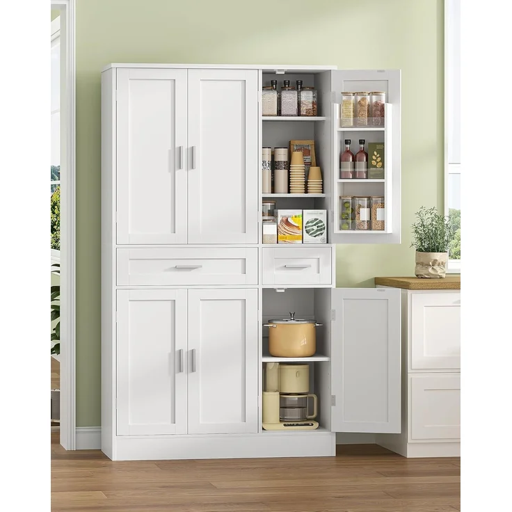 Buffetschrank, Küchenschrank mit 9-stufigem Türrückseiten-Regalsystem, Sideboard mit 6 Türen und 2 Großer Schublade, Modern Stil, Küche, Wohnzimmer, 40 x 92 x 180 cm, Weiß – Bild 1