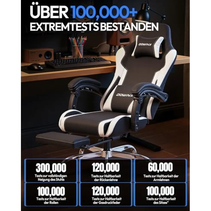 Dowinx Gaming Stuhl Bürostuhl Massage Gaming Sessel mit höhenverstellbaren Linkage-Armlehnen, ergonomischer Gamer Stuhl mit Fußstütze, gepolstert Gaming Chair 150° neigbar bis 180 kg, Weiß – Bild 5