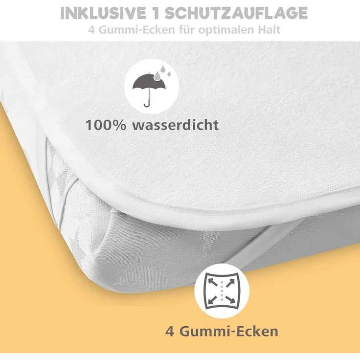 2X Spannbettlaken aus 100% Baumwolle mit Gummiband - 1X Matratzenschoner aus 100% wasserdichtem Material - 3er-Set - 55x90 cm - Savanne – Bild 4