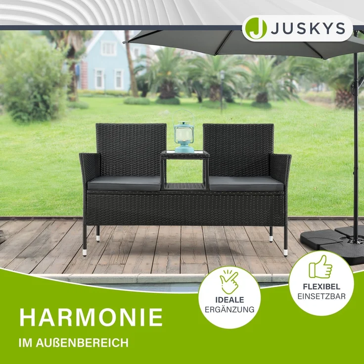 Juskys 'Monaco' 2-Sitzer Gartenbank mit Tisch und Kissen, Polyrattan schwarz, 133 × 63 × 84 cm – Bild 7