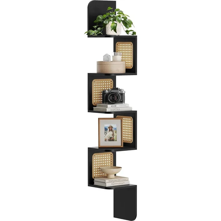 Vasagle Zickzack-Eckregal mit 5 Ebenen, PVC-Rattan-Seitenplatten aschschwarz, 20 x 20 x 126 cm