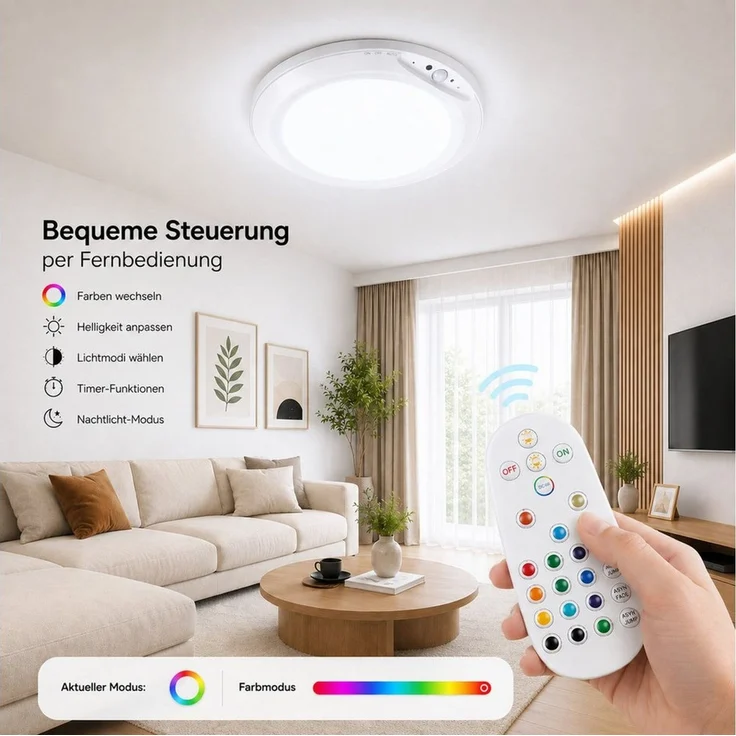 ibettertec Deckenleuchte LED Deckenleuchte Akku RGB Deckenleuchte Flach Rund Ø20CM 4200 mAh, LED fest integriert, mit Bewegungsmelder, 6500K RGB, akku deckenleuchte, deckenlampe ohne bohren, deckenlampe bunt, für Schlafzimmer Küche Keller Balkon Büro W... – Bild 2
