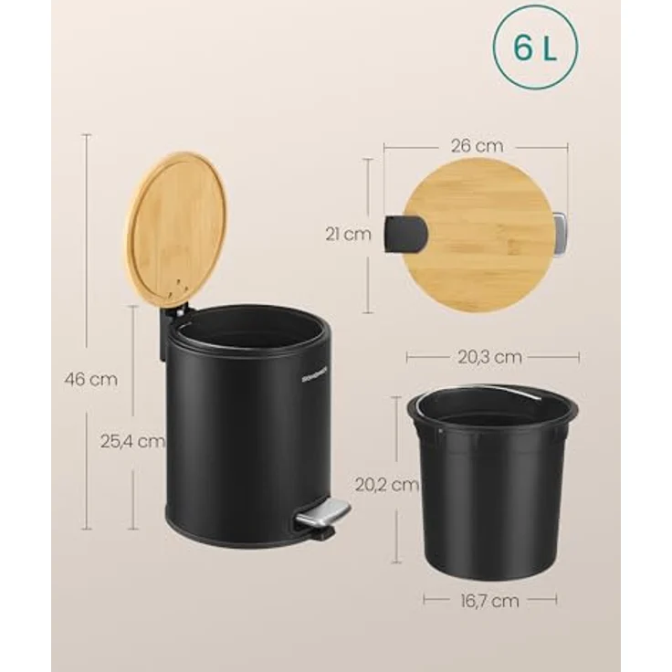 SONGMICS Kosmetikeimer, Mülleimer Bad, mit Deckel aus Bambus, Tretmülleimer mit Metallpedal, Inneneimer herausnehmbar, Softclose, für Badezimmer, 6 Liter, tintenschwarz LTB116BZ01 – Bild 8
