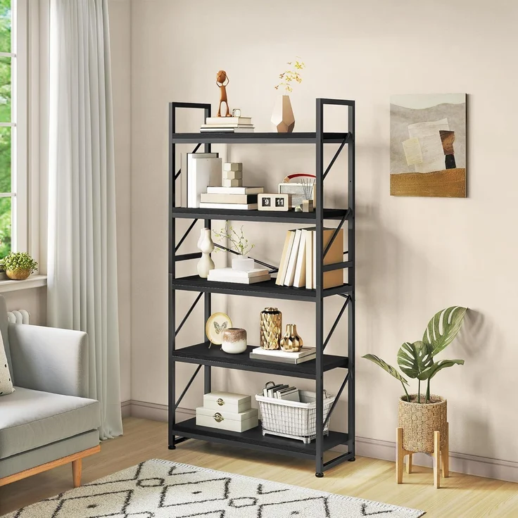 YITAHOME Bücherregal mit 5 Ebenen, Großes Standregal, Holzregal und Metallrahmen, Industrieregal, Bodenstehendes Lagerregal, für Wohnzimmer, Home Office, Schwarz Regal – Bild 1