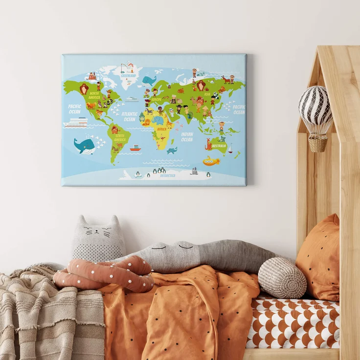Weltkarte Leinwandbild Kinderzimmer Blau Grün 70x50 DD123108 Wandbild Leinwand – Bild 2