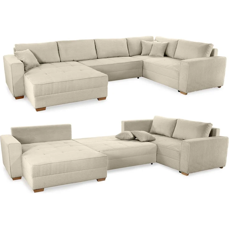 Wohnlandschaft U-Form Sofa Schlaffunktion Couch Bettkasten Cord in Grau Beige – Bild 1