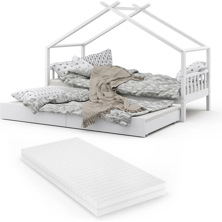 Hausbett Design Weiß 90x200 cm mit Gästebett und Matratze Vitalispa – Bild 6