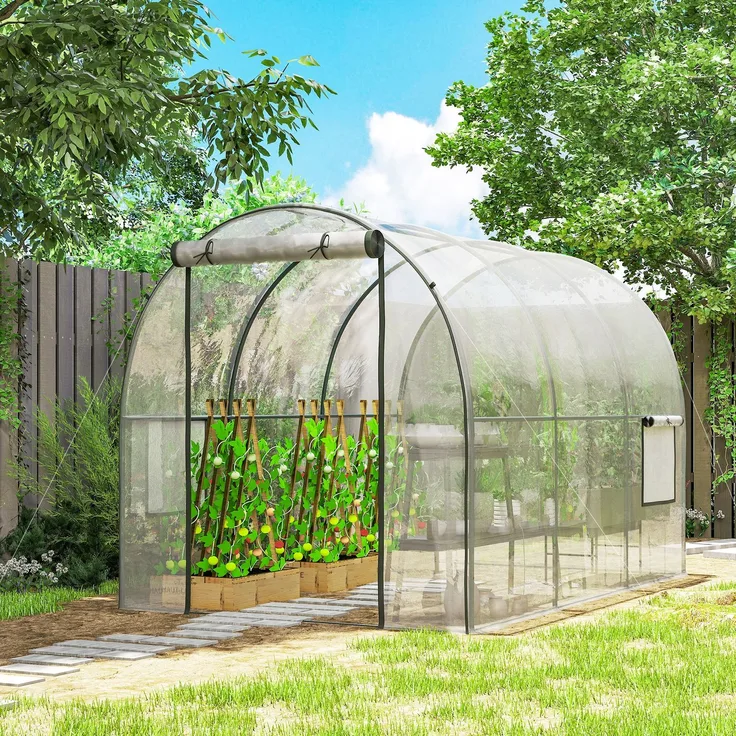 Wohnora-6 m² Tunnelgewächshaus (3 m L x 2 m B x 2 m H) mit verstärktem Rohrrahmen, Reißverschlusstür und 2 aufrollbaren Fenstern – transparent,H 2000cm x T 1100cm x B 2000cm
