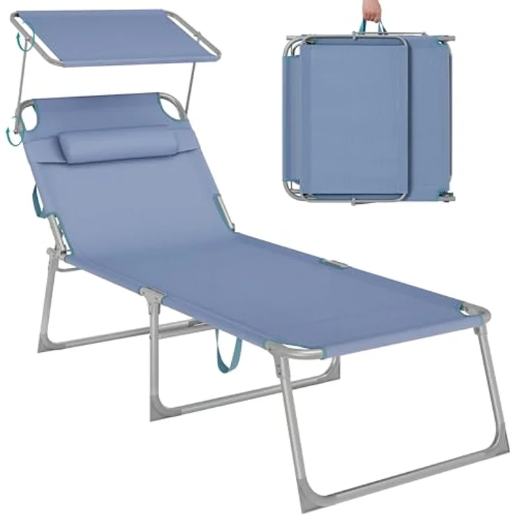 SONGMICS Große Sonnenliege GCB022Q01, klappbarer Liegestuhl mit Sonnenschutz, Kopfstütze und verstellbarer Rückenlehne, blau, für Garten, Pool und Terrasse, Belastbarkeit 150 kg – Bild 1