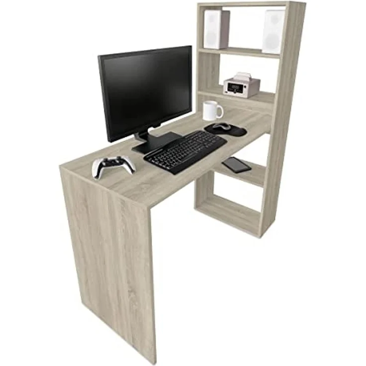 DUÉRMETE ONLINE Cambria, Schreibtisch mit Regal, Computertische, Farbe, praktisch und funktional, Holz, 122 x 53,2 x 140 cm – Bild 1