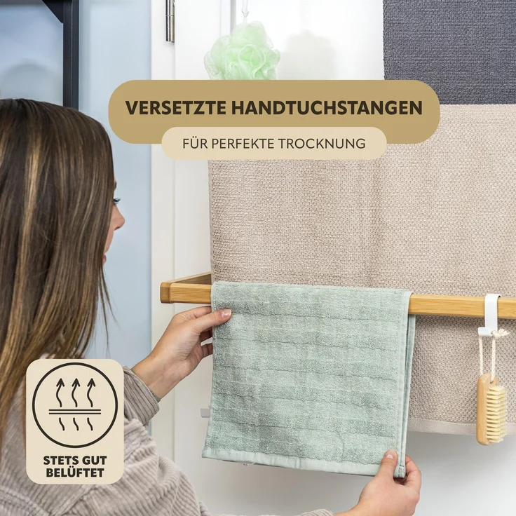 Tür-Hängeregal aus Metall und Bambus, 3 Handtuchstangen, 4 Haken, weiß – Bild 2