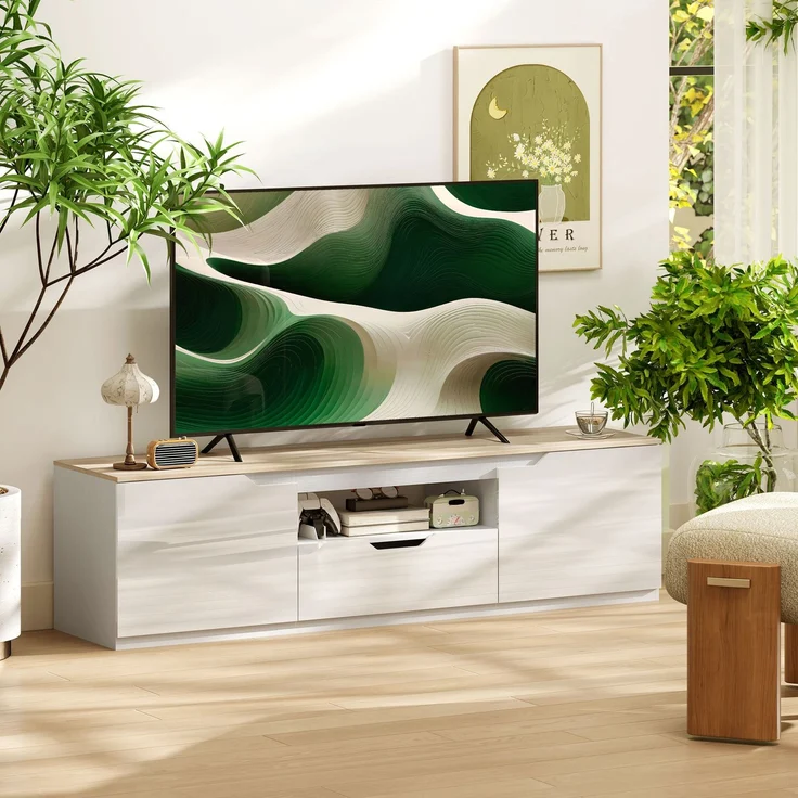 TV-Lowboard, Hochglanz, für Fernseher bis 65'', 3 Fächer, Schublade, 160 x 38 x 43 cm, Naturholz--Naturholz--160x38x43cm--YOUDENOVA – Bild 4