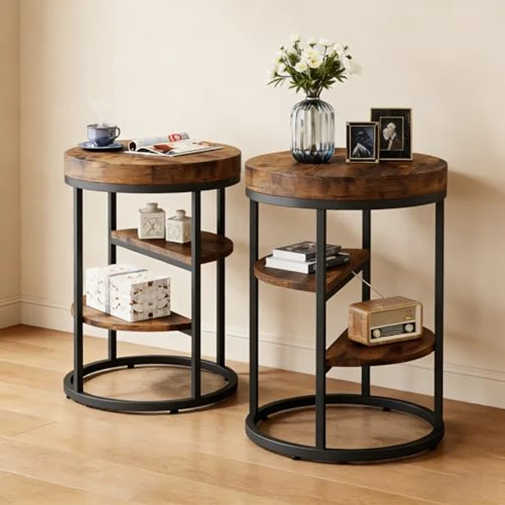 LITTLE TREE Beistelltisch rund, Kleiner Couchtisch mit Ablage - 3 Ebenen, runder moderner Kaffeetisch mit Metallgestell für Wohnzimmer Schlafzimmer, Industrie-Design, vintagebraun-schwarz – Bild 5