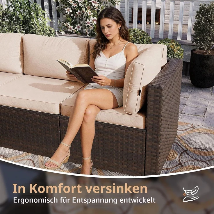 Aoxun Gartenmöbel Set Polyrattan 3-teilig mit 7,5cm dicken Kissen & Glas-Couchtisch, wetterfeste Gartenlounge outdoor mit extra langer 196cm Sitzbank, stabiler Balkon Terrassen Außenmöbel Satz (Khaki) – Bild 4