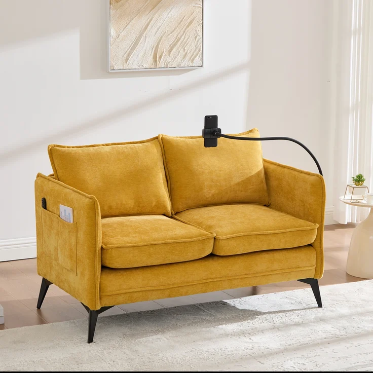 LVHOM 2-Sitzer Sofa mit Handyhalter und USB, Doppelsofa mit Seitentaschen, Polstersofa Zweisitzer mit Chenille Bezug, Gelb – Bild 10