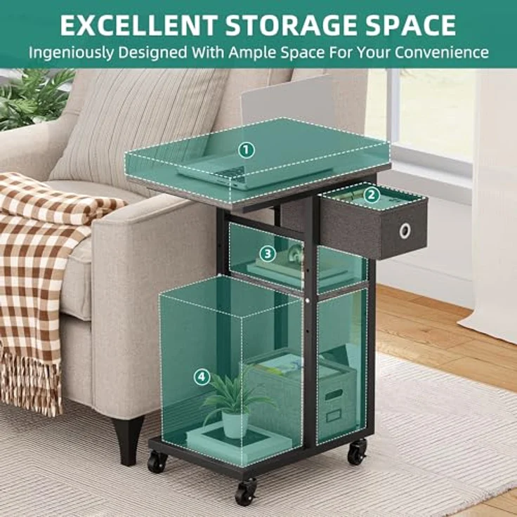 YITAHOME 2PCS Beistelltisch, C-Form Sofatisch mit Rollen und Schublade，Wohnzimmertisch für Kaffee und Laptop，für Wohnzimmer, Schlafzimmer，50 x 30 x 67 cm, Grau – Bild 6