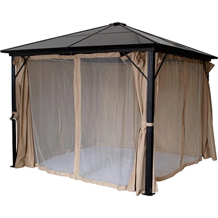 DEGAMO Pavillon Montreal 3x3 Meter, schwarzes Aluminiumgestell, Dach aus braun getönten Polycarbonatplatten, mit beigen Seitenteilen und Moskitonetz – Bild 4