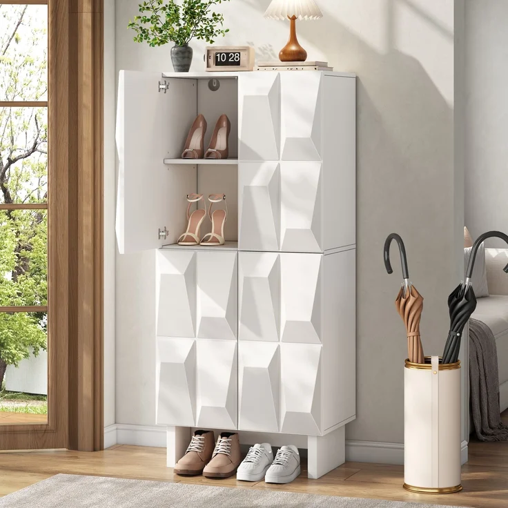 Schuhschrank Sideboard Kompaktsschrank Spanplatte Relief 4 Türen 4 Fächer verstellbare Böden Flur Wohnzimmer--Weiß--60.5x34x135.5cm--YOUDENOVA – Bild 9