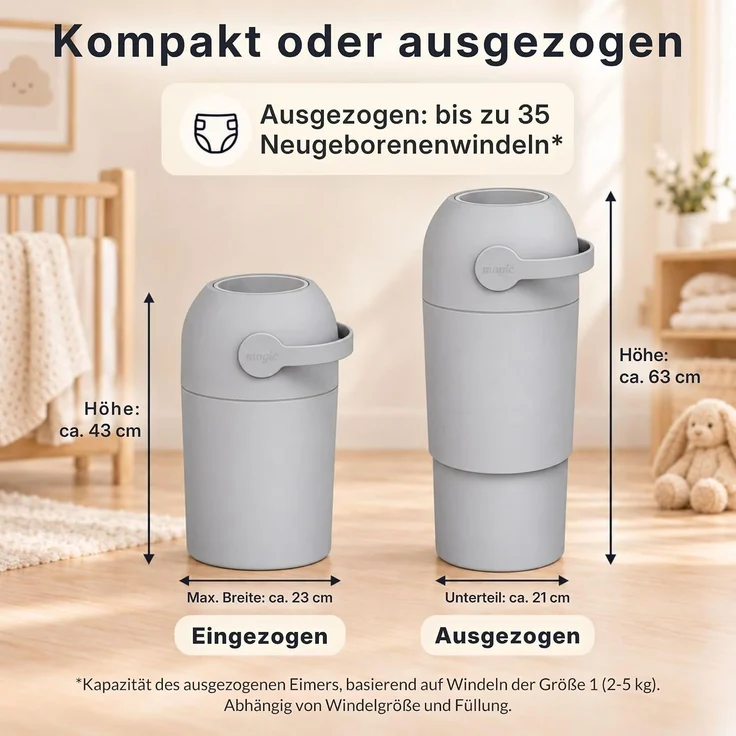 Set Magic Windeleimer, Abfalleimer mit Geruchsstopp, ohne Kassette + Windel | Hygienischer Mülleimer Geruchsdicht für Windeln ohne Kassette, Hygieneeimer für Windelentsorgung, Bad, Kinderzimmer, Küche – Bild 3