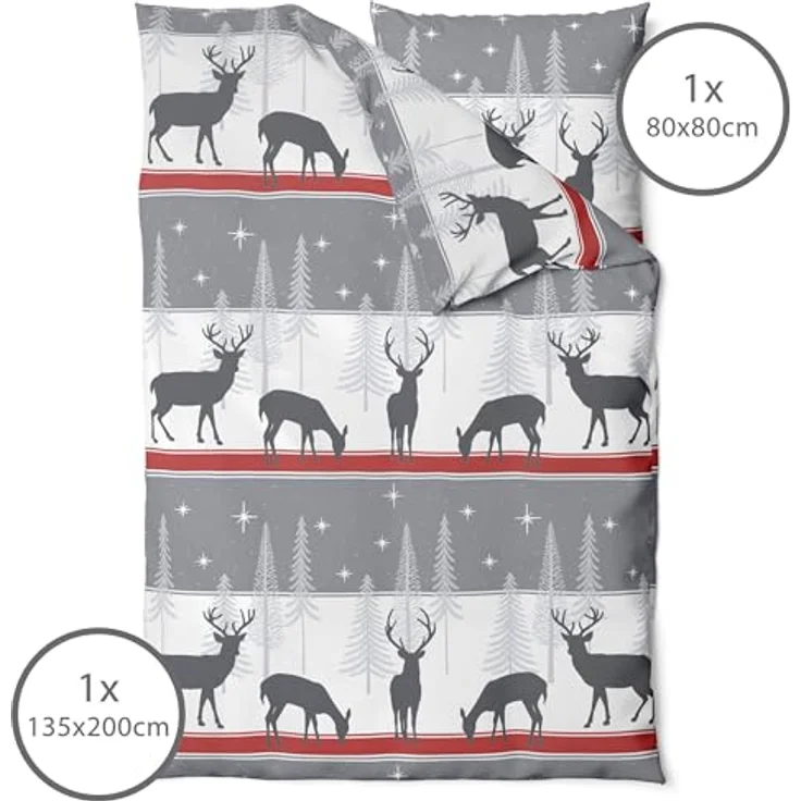 LINKHOFF Bettwäsche Winter Weihnachtsbettwäsche Cosy Christmas 135x200cm / 155x220 - 2tl, Biber Bettwäsche in Rot Grau 100% Baumwolle Weihnachts Hirsch – Bild 3