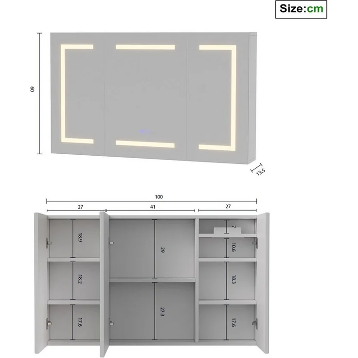 Simurq Spiegelschrank Badezimmerspiegelschrank 3 türig Hängeschrank mit LED Beleuchtung (3 Farbtemperaturen Dimmbar) Badspiegelschrank 100 x 13,5 x 60 cm mit Steckdosen, Anti-Fog – Bild 3