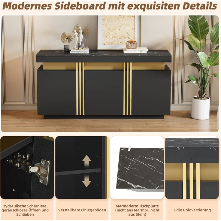 Merax 140*38*70cm Schwarz Sideboard-Display, 3 Türen, Esszimmerschrank mit verstellbaren Trennwänden, breite grifflose Schließfächer – Bild 5